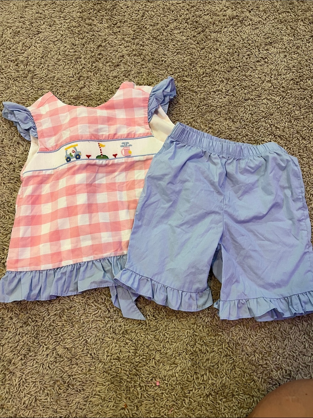 Elizabeth Ann Pink Gingham & Light Blue Ruffle Kids smocked golf Matching Set
